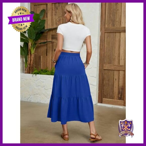 Maxi Skirt Elastic Waist A-Line Tiered Ruffle Long with Pockets - Picture 4 of 8